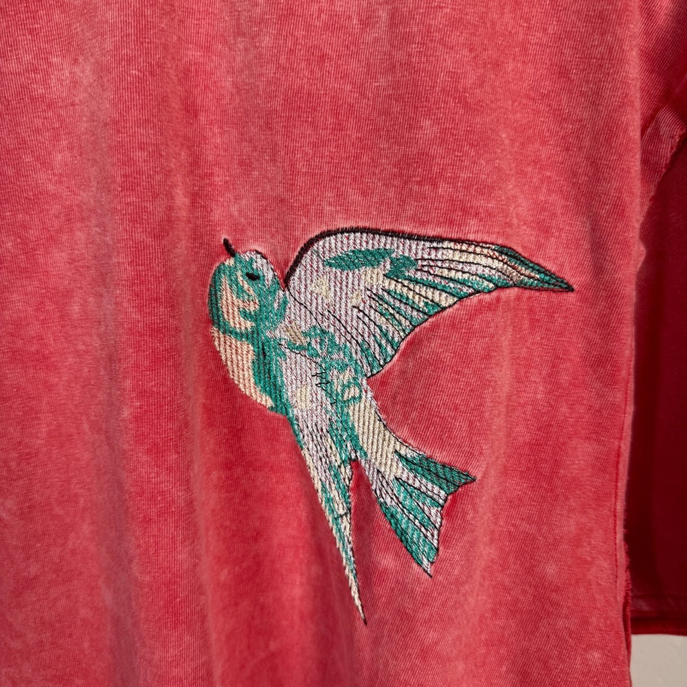 Blue B Collection Red Mineral Wash Embroidered Bird T-Shirt Oversized Medium - Picture 3 of 9